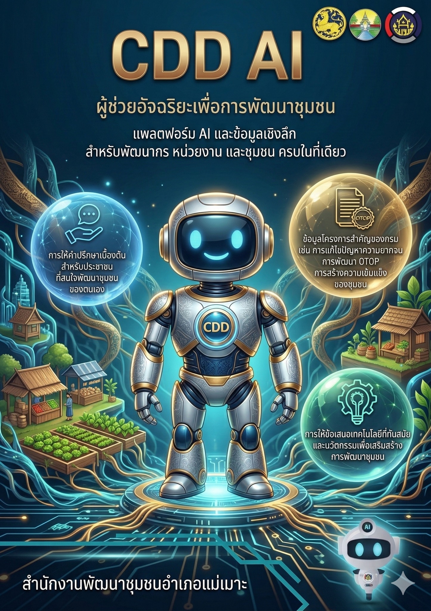 🤖 พช.แม่เมาะ ขอเชิญชวนผู้นำชุมชน กลุ่มองค์กร เครือข่าย และประชาชนทั่วไป ร่วมสัมผัสการทำงานยุคใหม่โดยใช้แพลตฟอร์ม CDD AI กรมการพัฒนาชุมชน แพลตฟอร์มที่รวม AI และข้อมูลเชิงลึก (Big Data) ไว้ในที่เดียว เพื่อสร้างชุมชนที่เข้มแข็งและยั่งยืน 